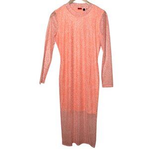 Hugo Boss Womens Nasusi Long Sleeve Orange Stretch Mesh Paisley Midi Dress Large